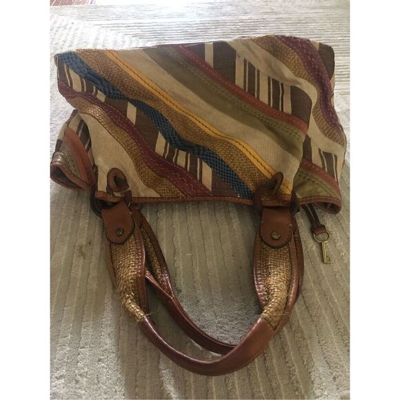Fossil Patchwork Striped Canvas Triple Compartment Satchel - Picture 15 of 15